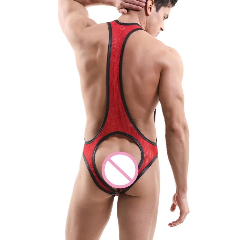 Sexy Mens Undershirts Jockstrap Lingere Mesh Penis Pouch Jumpsuits Leotard Wrestling Singlets Bodysuits Open Butt Gay Underwear