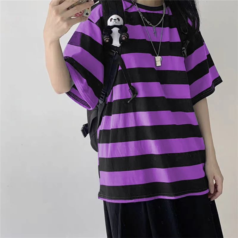 Women T-Shirts Harajuku Goth Punk stripe Print Short Sleeve Plus Size Clothes Oversized T Shirt Female Tops Hip Hop Tee Shirt