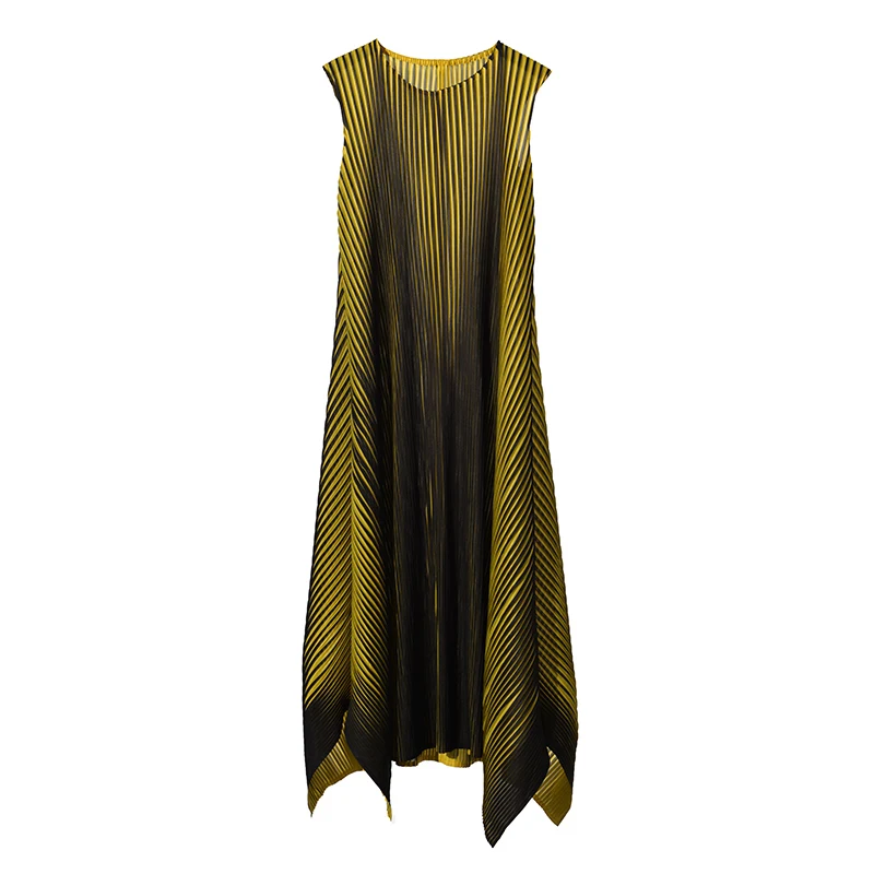 LANMREM, новое модное женское платье, женские толстовки, Vestido, осенние и Летние Плиссированные Платья без рукавов в винтажном стиле WH24407 - Цвет: Gold