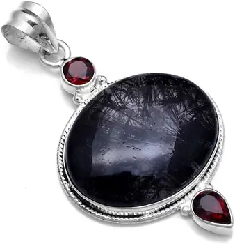 

Genuine Black Rutile + Garnet Pendant 925 Sterling Silver,51.9 mm, 2SP0833