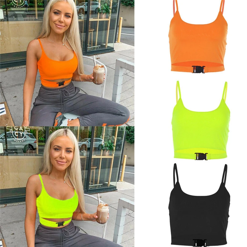 

Stylish Buckle Crop Top Bright Color Tank Top Women Casual Solid Slim Vest Sexy Tops Femme Casual Cami Shirt Female S M L New