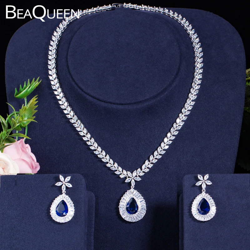 

BeaQueen Sparking Royal Blue Cubic Zircon Flower Water Drop Earring Necklace Pendant Sets Dinner Party Jewelry Accessories JS032