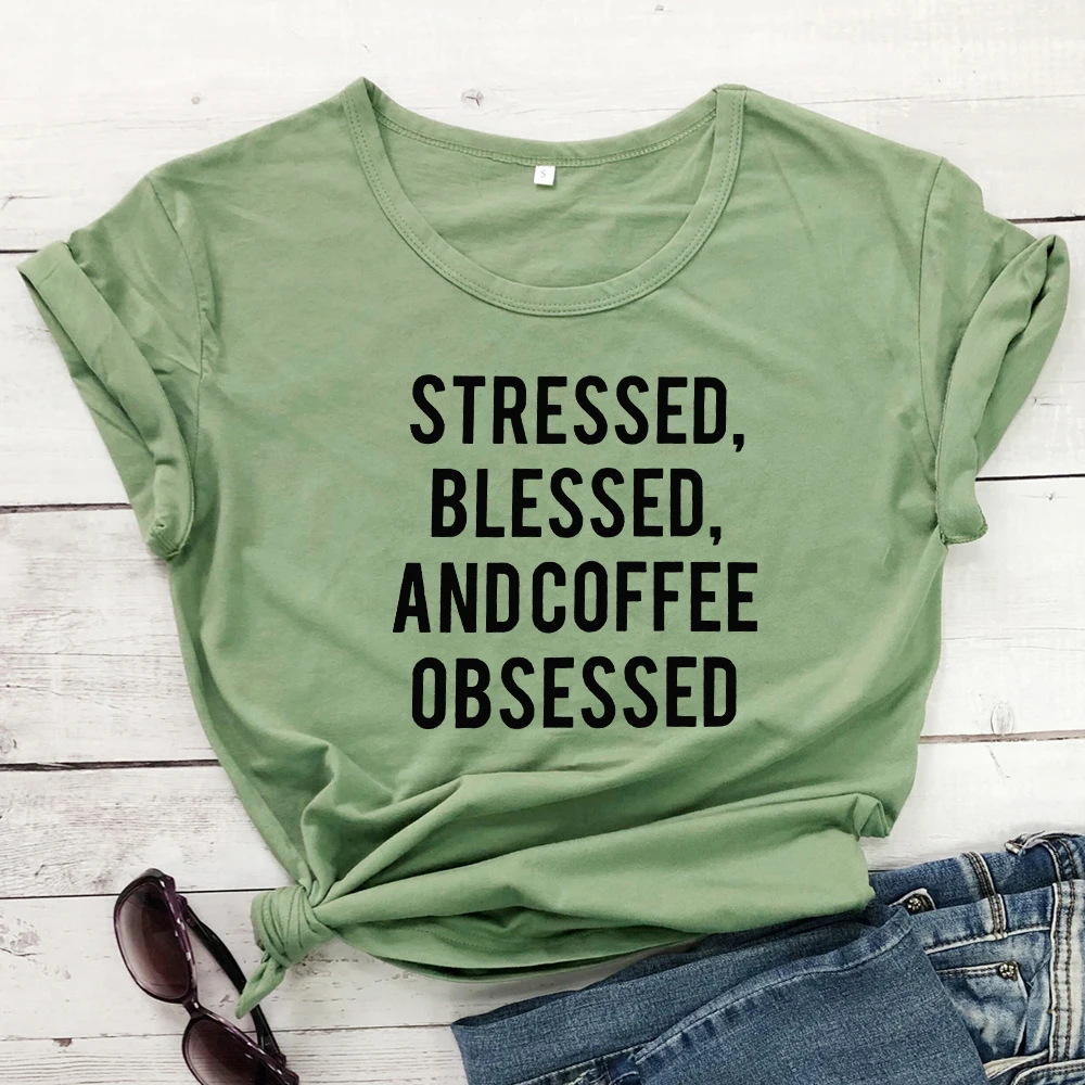 Модная футболка с надписью "STRESSED BLESSED AND COFFEE", женские топы, футболки унисекс, одежда tumblr, хлопковая футболка, футболка, пуловер - Цвет: olive-black text