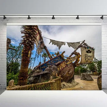 

Kids Stage Photography Backdrop Pirate Ship Stairs Sunset Scenery Wooden Window Floor Vintage Children Photo Studio Background