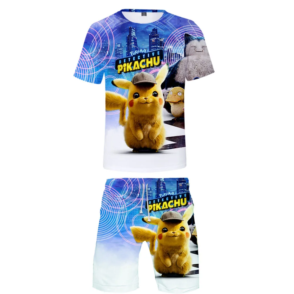 Модный бренд Pokemon Detective Pikachu 3D Печать Базовая модные уличные Мужские Два рис комплект детской одежды-рубашка+ Комплекты с короткими штанами