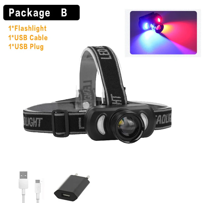 B Мини красный+ синий светодиодный налобный фонарь T6+ COB светодиодный налобный светильник, налобный фонарь, налобный светильник, USB цикл в комплекте, аккумулятор 18650 для кемпинга - Испускаемый цвет: B