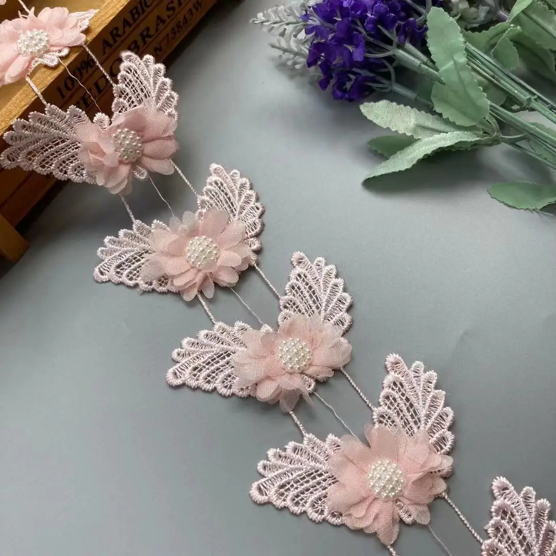 

1 Yard 8cm Pink Pearl Beaded Lace Trim Ribbon Fabric Flower Butterfly Handmade Embroidered Applique Wedding Dress Sewing Craft