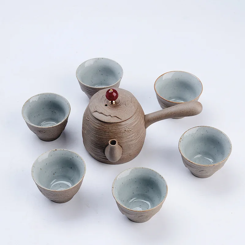 

Coarse pottery Kung Fu Tea Set 6 cups 1 tea pot, Teapot Handmade Tea Pot Cup Set ,Ceramic Chinese Tea Ceremony Gift
