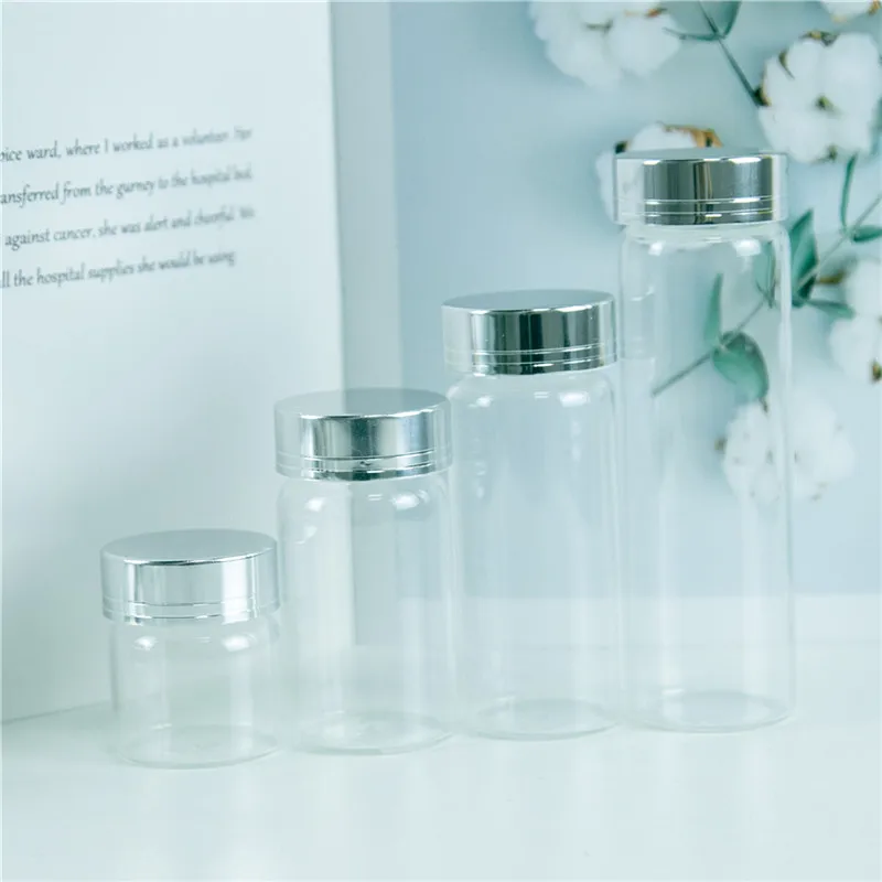 20ml 50ml 65ml 90ml Glass Storage Bottles with Silver Screw Cover Empty Sweets Vanilla Pill Food Perfume 6pcs 6