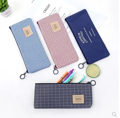 

New canvas stripes pencil bags large capacity pencil case for student simple pencil pouch kawaii zipper pen bags school supplies
