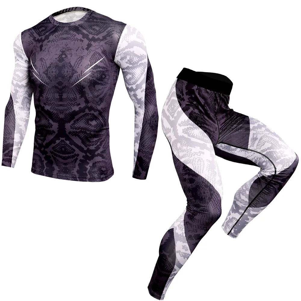 

2019 Workout Compression Shirts Men Joggers Gyms Tights Set Snake Printed Tshirt Quick Dry Training Male Shirt Fitness Tracksuit