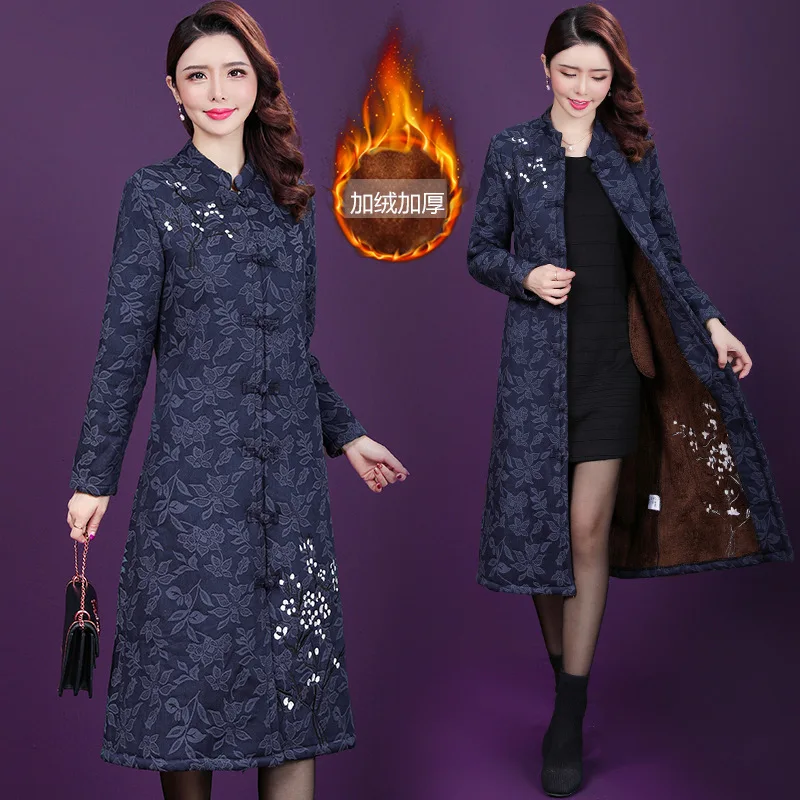 

Winter New Style Ethnic-Style WOMEN'S Dress Jacquard Embroidered Cotton-padded Clothes Large Size Cotton Linen Brushed And Thick