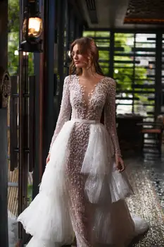 

Sexy New Mermaid Boho Wedding Dress 2020 Long Sleeves Court Train Beading Lace Tulle Bridal Gowns suknia slubna Vestidos