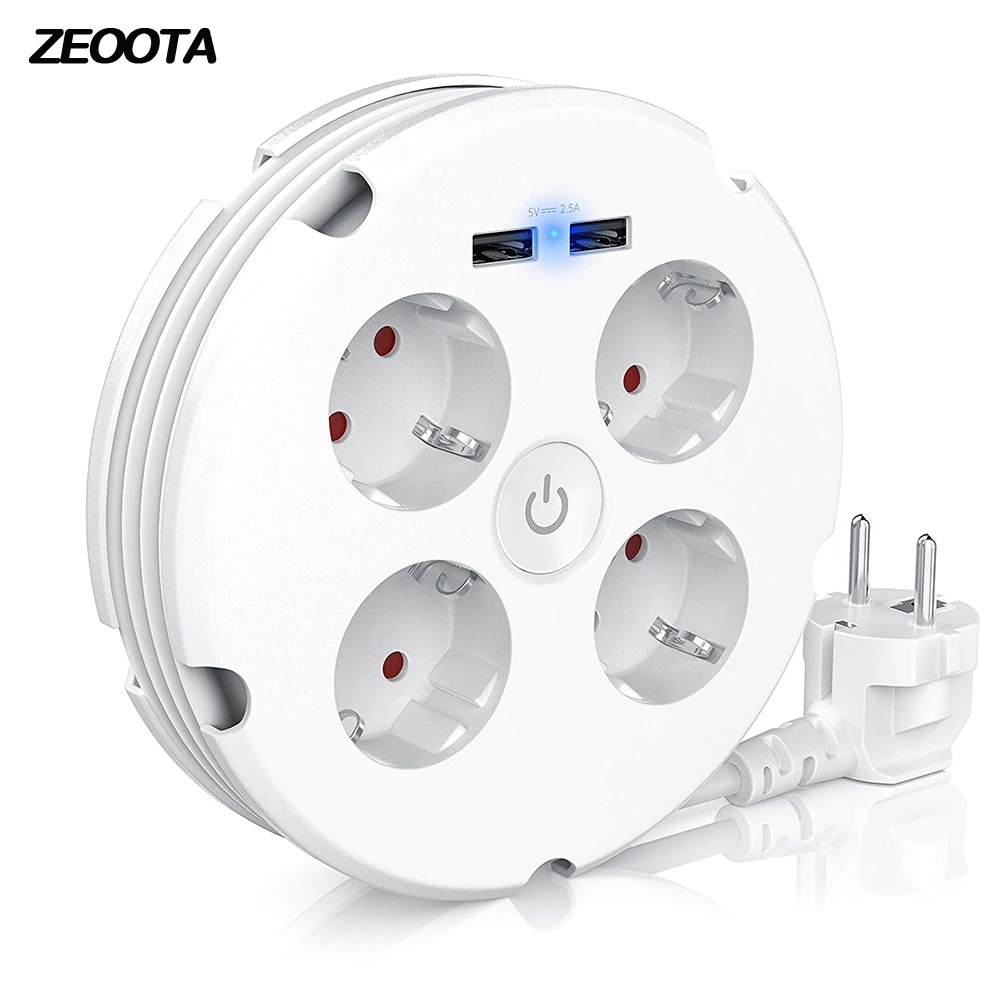 

Multiple Power Strip Electric Sockets 4 way Round 2 USB Charger Switch Outlets Illuminated Wall Mounting Circular Roll-up Cable