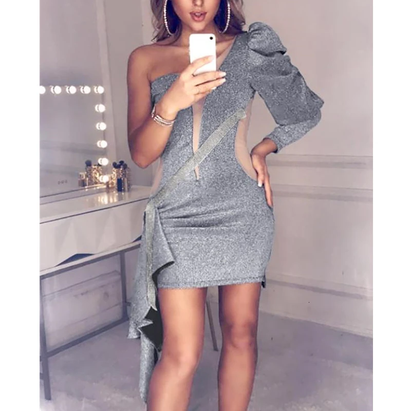 

One Shoulder Glitter Dress Women Assymetric Bodycon Mini Party Dress Sexy Backless Stretchy Women Vestidos