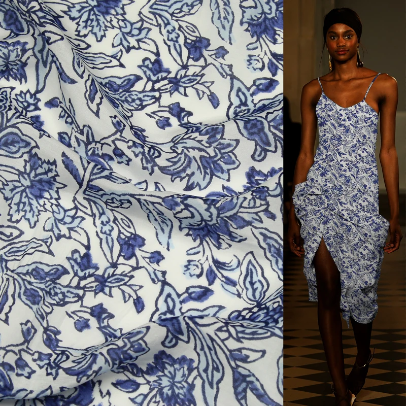 China design print Смешанная шелково хлопковая ткань blue цветочный узор SCT475|Ткань| |