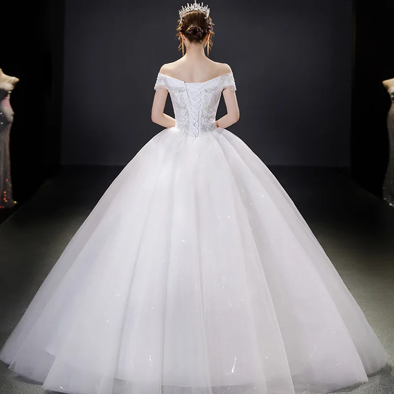 HMHS-102#Wedding Dress Ball Gown Lace Up Long Lace Party Dress New Boat Neck Bride getting married Sequins decorate wedding dresses