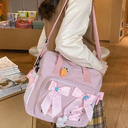 EST New Ribbon Bow Kawaii Shool Bag For Girls Shoulders Waterproof Nylon Cute Schoolbag Women Book Flap Pink Multifunctional Bag