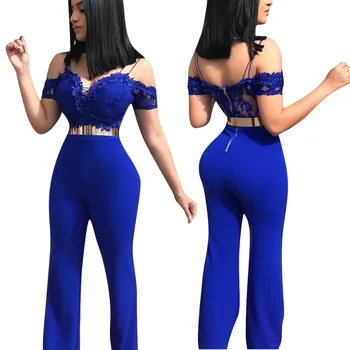 

2020 Europe and America Spring Women's New Fashion Temperament Solid Color Casual Sexy Sling Lace Applique Jumpsuit