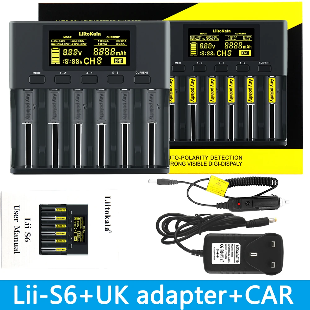 

NEW LiitoKala Lii-S6 Battery charger 18650 Charger 6-Slot Auto-Polarity Detect For 18650 26650 21700 32650 AA AAA batteries