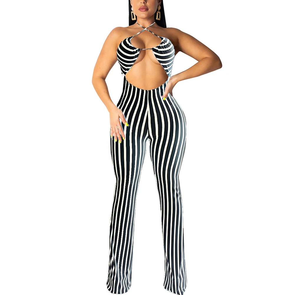 

Fadzeco Women Bodycon Jumpsuit Clubwear Sexy Halter Neck Open Back Sleeveless Stripes Rompers Wide Leg Long Pants Jumpsuit