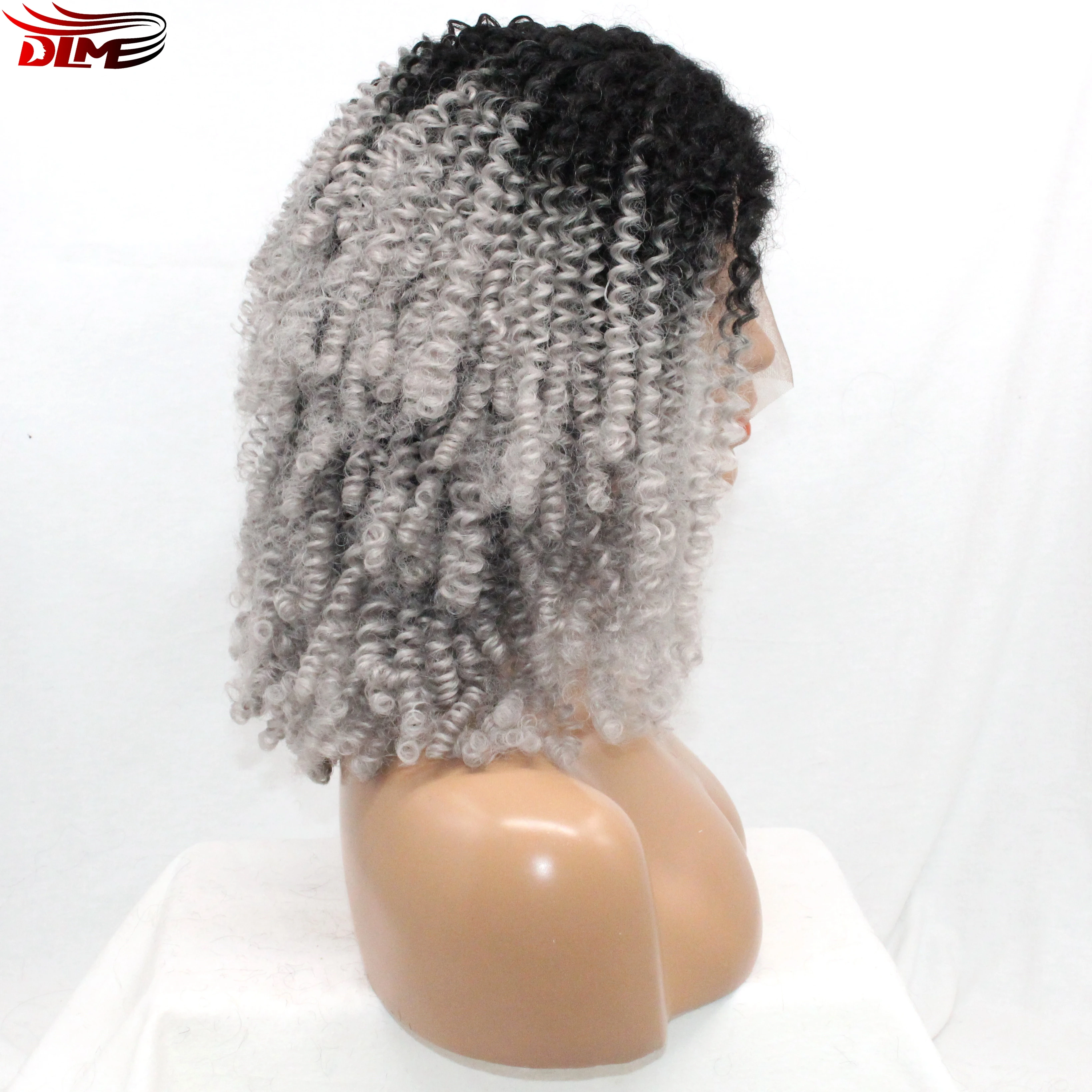 

Серый кудрявый парик DLME с эффектом омбре, высокотемпературный черный женский парик, кудрявый синтетический парик, парик на сетке спереди