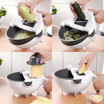 

Vegetable Cutter with Drain Basket Rotate Colander Vegetable Portable Slicer Chopper Grater 9 in 1 Multifunction 2020 New Good