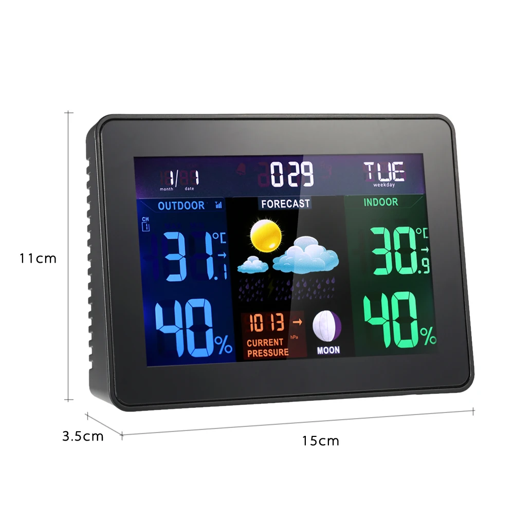 

Digital Wireless Weather Station Clock Alarm Snooze Indoor Outdoor Thermometer Hygrometer Barometer Calendar Moon Phase Display