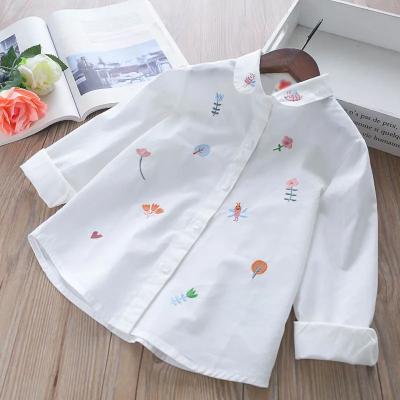  Girls Blouses Long Sleeve White Blouse Autumn 2020 Kids Clothes Girls 8 To 12 Cartoon Fox Embroider