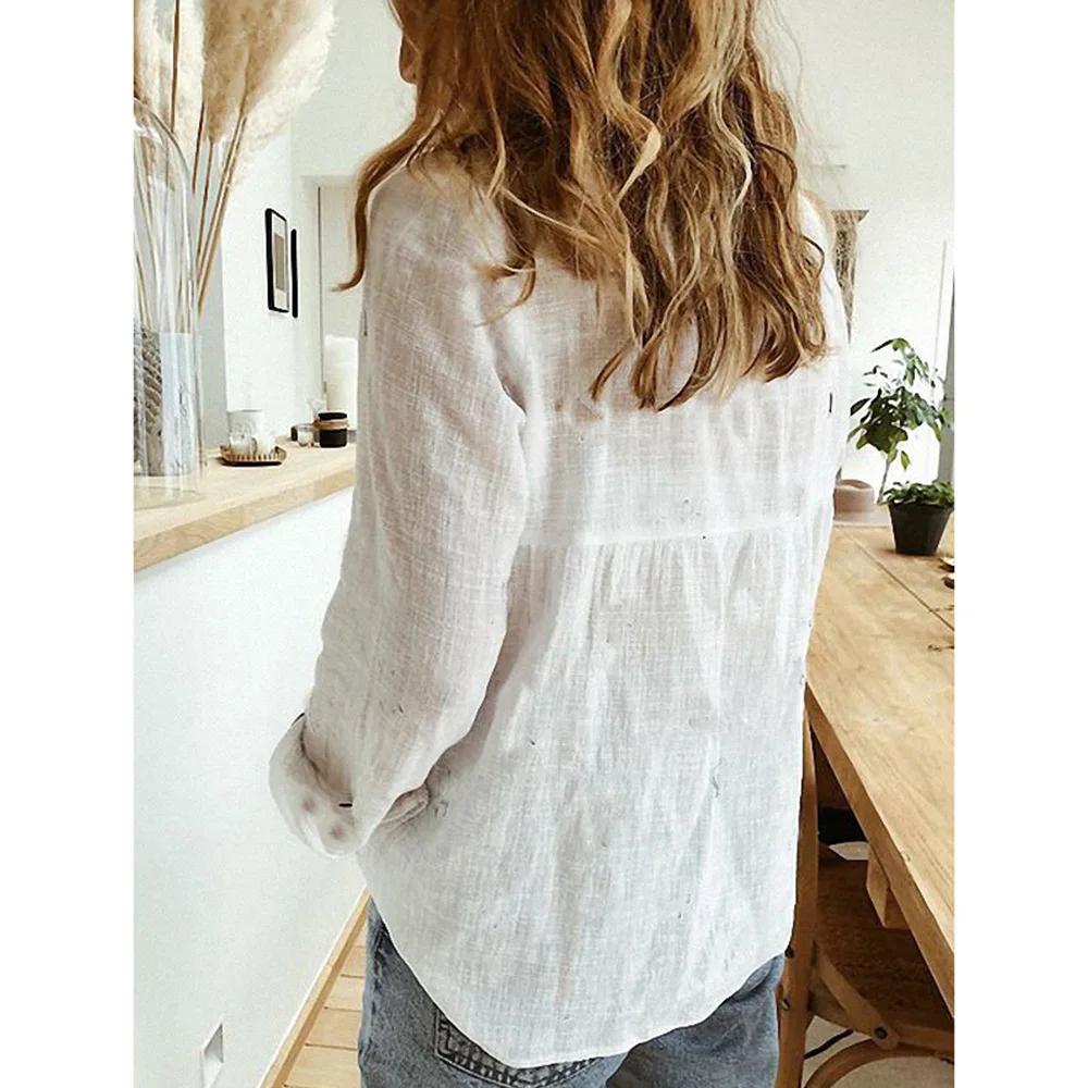 Womens Blouses Spring Autumn Tops Leisure White Shirts Button V Neck Cardigan Top Loose Long Sleeve Cotton Linen Shirt Blusas Womens Blouses Spring Autumn Tops Leisure White Shirts Button V Neck Cardigan Top Loose Long Sleeve Cotton Linen Shirt Blusas
