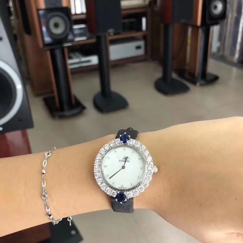 Hot brand real Leather Watch round circle Quartz Wrist watch happy stones Women swiss watch luxurious brand accessory