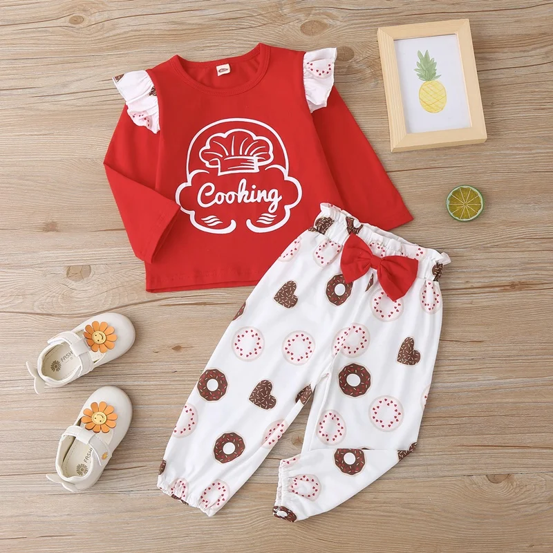 

New Baby Girl Clothes Winter 2 Piece Set Letter Long Flying Sleeve Tops+Donuts Print Bow Trousers Sweet Kids Girls Outfits 0-18M