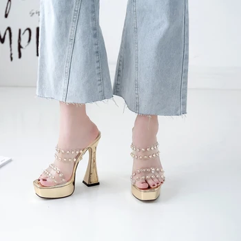 

Sandals Women Summer Silver Platform Sandals Sexy High Heel Slippers Women Rivet Transparent Heels Ladies Shoes Vrouwen Sandalen