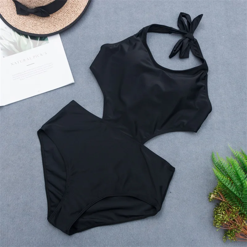 

2019 Black One Piece Swimsuit Women Padded Swimwear Bandage Cut Out Mnokini Bathing Suit Plus Size Swimwear XXL Summer Beachwear