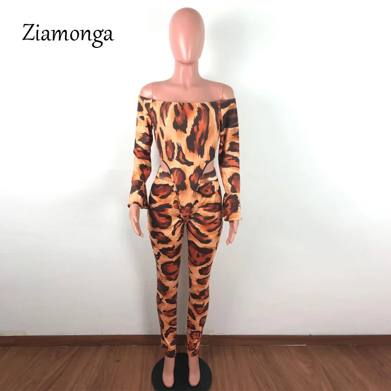 Ziamonga, новинка, Осенний женский элегантный Леопардовый принт, с открытыми плечами, с длинным рукавом, боди и штаны, комбинезон, Сексуальные клубные вечерние комбинезоны