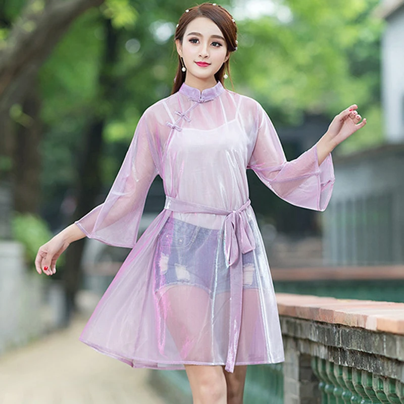 short dress JSXDHK винтажное бальное платье градиентного цвета Свободное женское платье Весна Лето зеленая вуаль платье с воротником-стойкой элегантные сетчатые длинные платья - Цвет: short dress