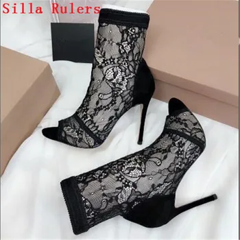 

Sexy Peep Toe Nude Red Lace High Heels Boots Women Ankle Boots Spring Autumn Boots Women Summer shoes Woman Botas Mujer