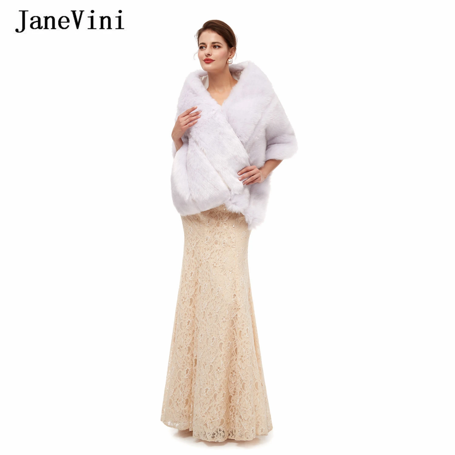 JaneVini New Fashion Winter White Bridal Boloero Faux Fur Stoles Women Prom Party Wraps Shawls Warm Shrugs Wedding Accessories