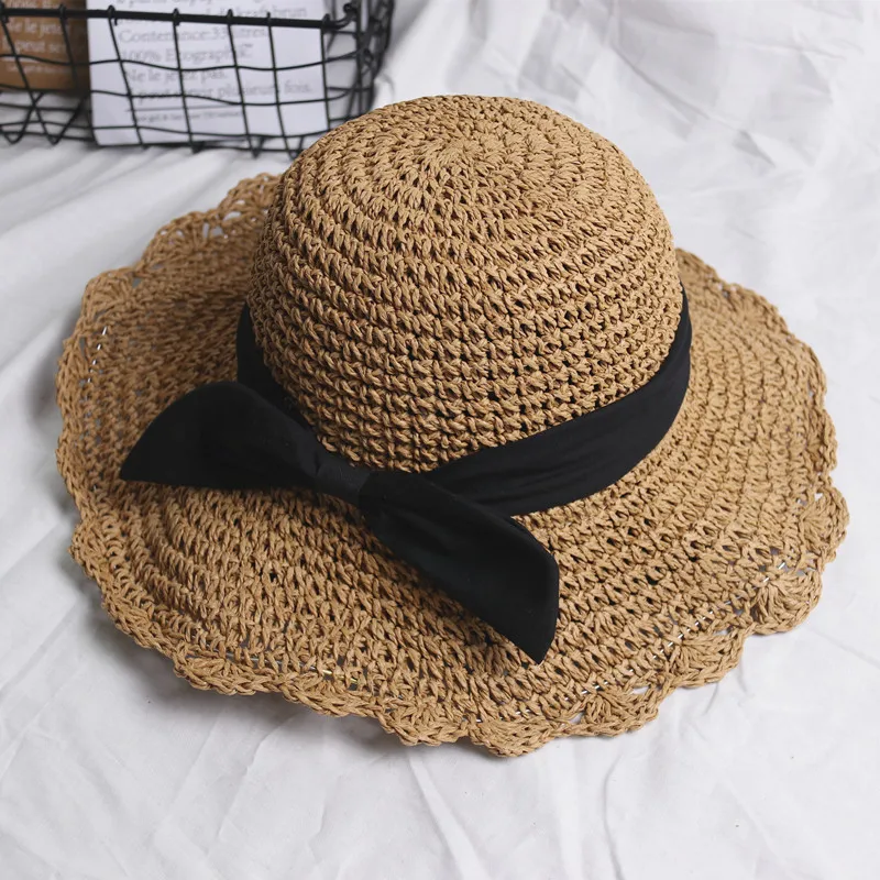 

Sweet Handmade Crochet Straw Hat Women's Hipster Large Brimmed Topee Sun-resistant Seaside Beach Hat Foldable Bucket Hat