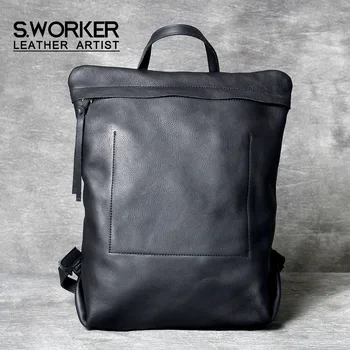 S.WORKER Casual Genuine Leather Backpack Full-Grain Cowhide Leather Laptop Shoulder Bag School Bag Fashion 1