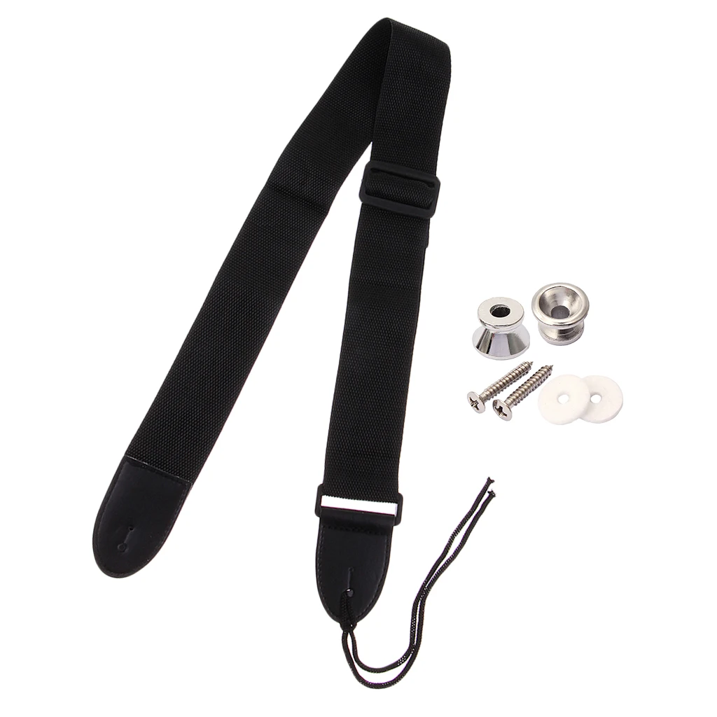 Black Nylon Guitar Strap Belt with 2pcs Mushrooms Head Strap Lock for Acoustic Folk Guitar