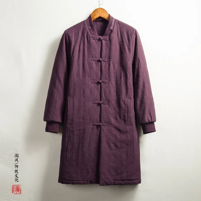 Wine red Китайское ветронепроницаемое мужское длинное пальто, сохраняющее тепло с толстой хлопковой подкладкой, одежда для отдыха, мужское пальто кунг-фу - Цвет: Wine red
