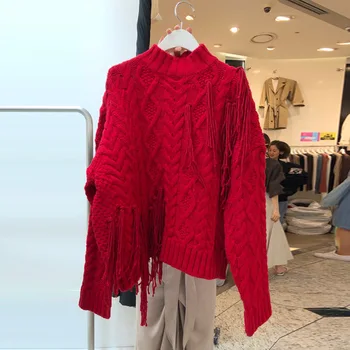

Loose Thick Christmas Sweater Autumn and Winter Women's Korean Red Round Neck Twist Tassel Sweater Pullover Female NS1559