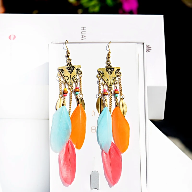 

Vintage Gold Triangle Alloy Feather Long Tassel Dangle Earrings Handmade Summer Indian Earrings Beach Oorbellen
