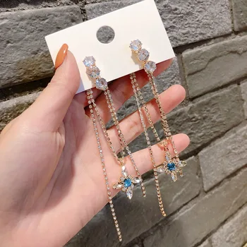 

MENGJIQIAO 2020 Luxury Rhinestone Tassel Long Drop Earrings For Women Elegant Bule Crystal Party Drop Pendientes Jewelry Gift