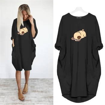 

Dress Women Cute Print Cat Dog Pocket Casual Loose Vintage Party Autumn Girls Clothes Kawaii Womens Plus Size M-5XL Dresses 2020