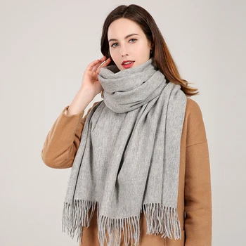 

Winter 100% Real Wool Scarf Women Echarpe 2020 Brand Tassel Shawl and Wraps Warm Foulard Pashmina Solid Beige Pure Wool Scarves