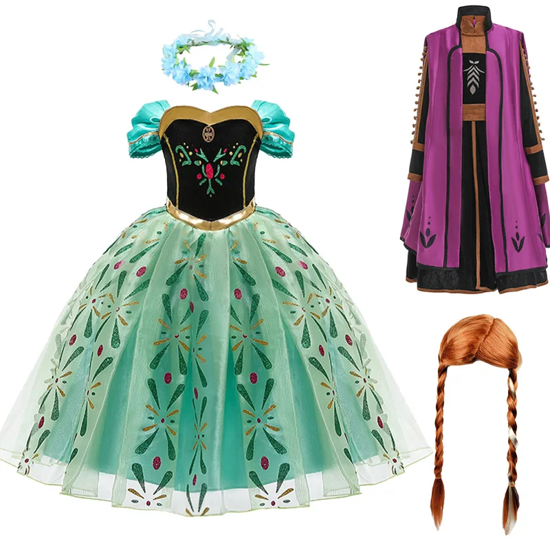 Girls Anna Dress Kids Cosplay Snow Queen 2 Costume Wig Child Carnival Birthday Party New Year Clothes Accessory Child Anna Hair