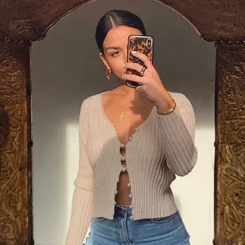 

Autumn Fashion Cute Slim Solid Beaded Single-breasted Long Sleeve Knitted V Neck Short Blouse Women Elegant Bodycon Buttons Tops