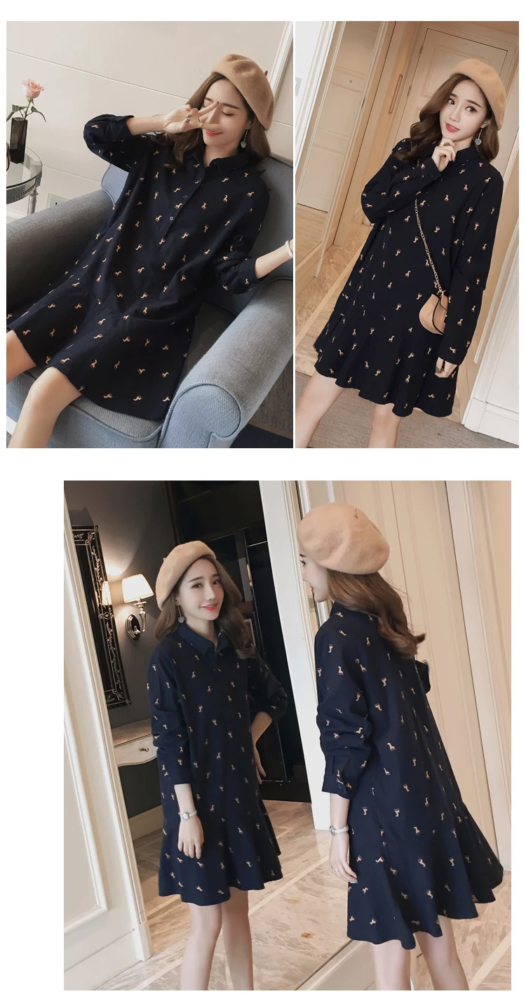 Pregnant Women Spring Cotton Dress Long Sleeve Turn-Down Collar Ruffles Patchwork Vintage Printed Maternity Shirts Fashion Dress